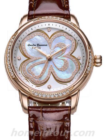 飞亚达LA8562.PWRD女表四叶草系列-棕色表带/表径34.6mm