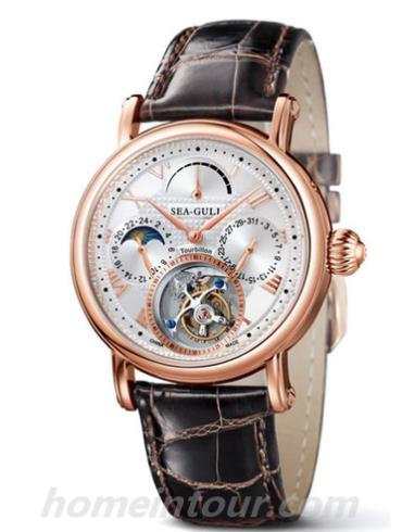 海鸥手表ST8007G男表陀飞轮金表系列-棕色表带/表径40mm