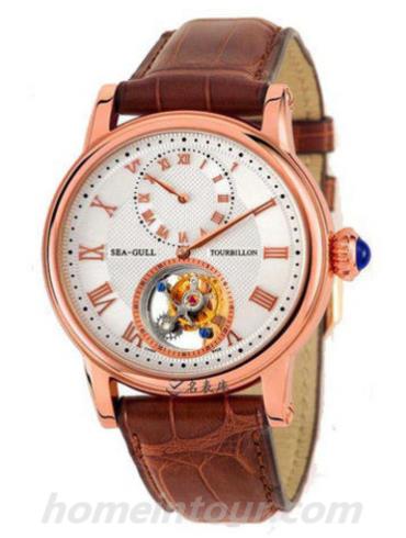 海鸥手表ST8006G男表陀飞轮金表系列-棕色表带/表径—mm