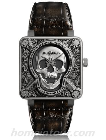 柏莱士BR-01-BURNING-SKULL男表AVIATION系列-棕色表带/表径46 x 46mm