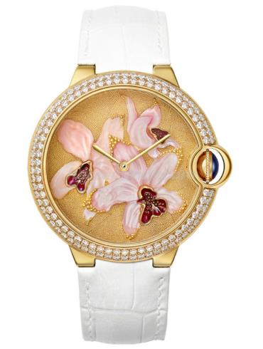 卡地亚卡地亚蓝气球Ballon_Bleu系列属珠粒和雕刻珍珠母贝兰花装饰腕表女表蓝气球Ballon Blue系列-白色表带/表径42mm